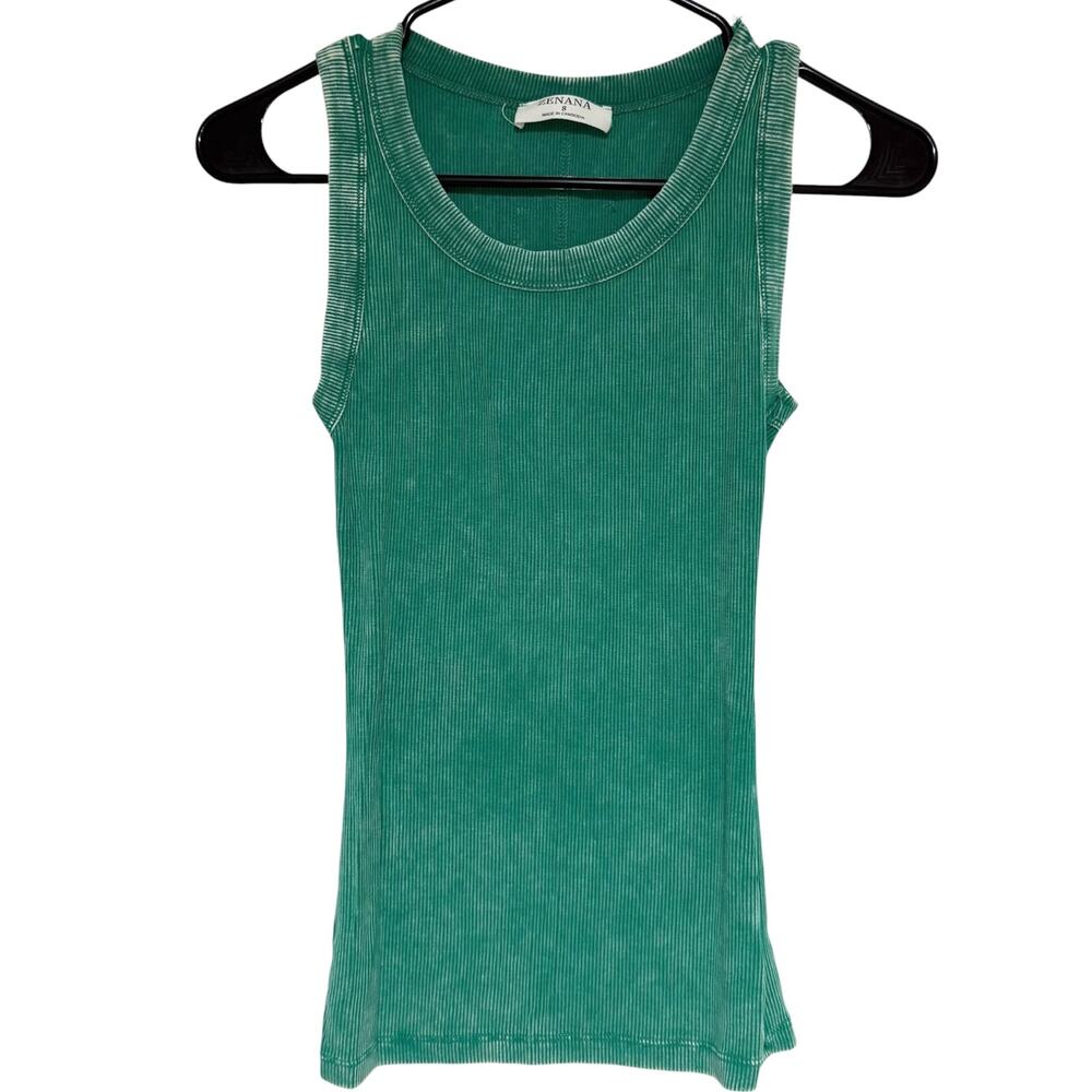ZENANA Green Basic Tank Top Size Small Ribbed Stretch Wide Strap Scoop Neck